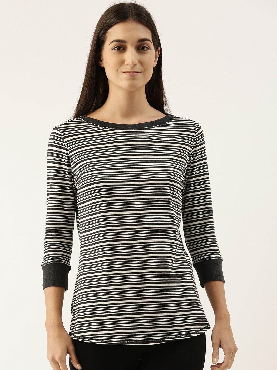 

Enamor Women Striped Boat Neck Slim Fit Cotton T-shirt, Off white