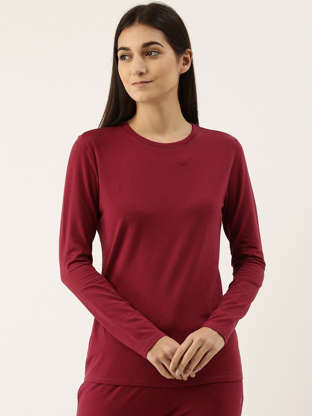 

Enamor Women Basic Crew Neck Stretch Cotton T-Shirt, Burgundy