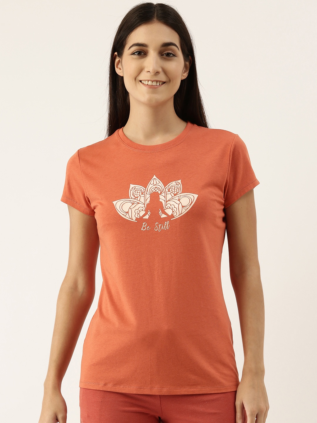 

Enamor Women Rust Printed Slim Fit Outdoor T-shirt