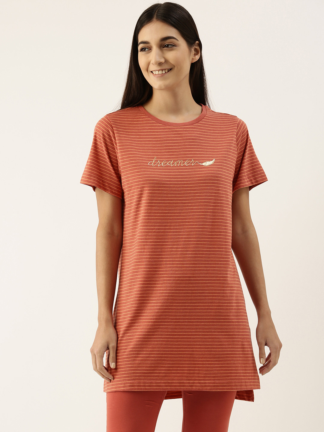 

Enamor Women Striped Round Neck Longline Cotton Tunic T-shirt, Rust