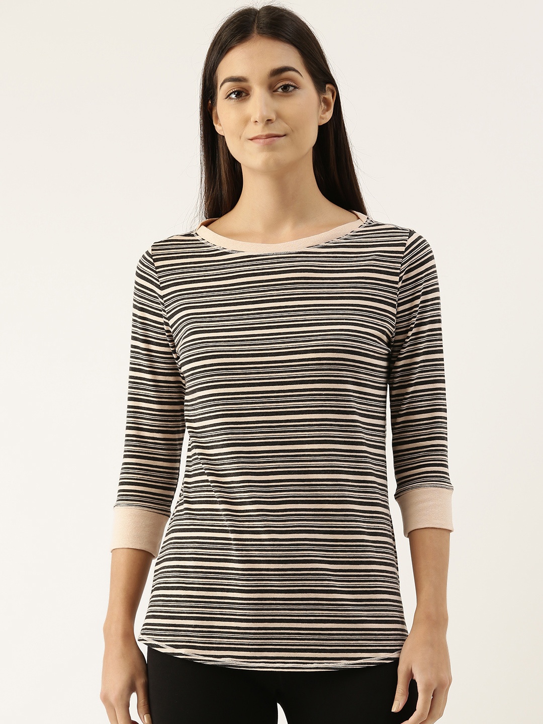 

Enamor Women Boat Neck Striped Slim Fit Cotton T-shirt, Pink