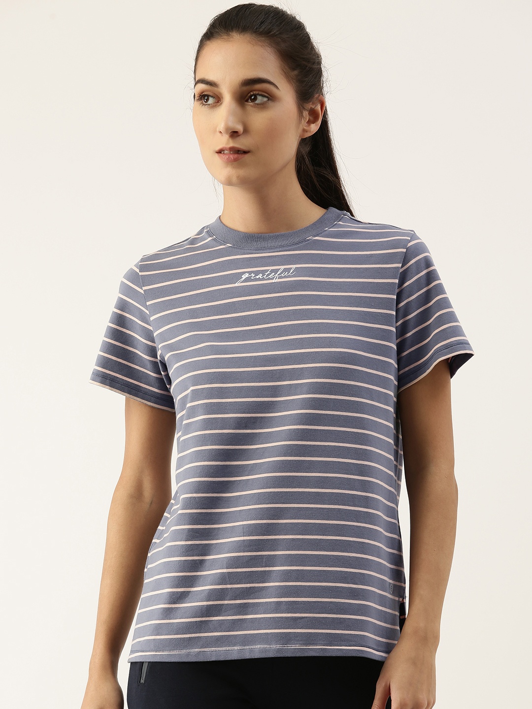 

Enamor Women Navy Blue Striped Relaxed Fit Antimicrobial Outdoor Active T-shirt