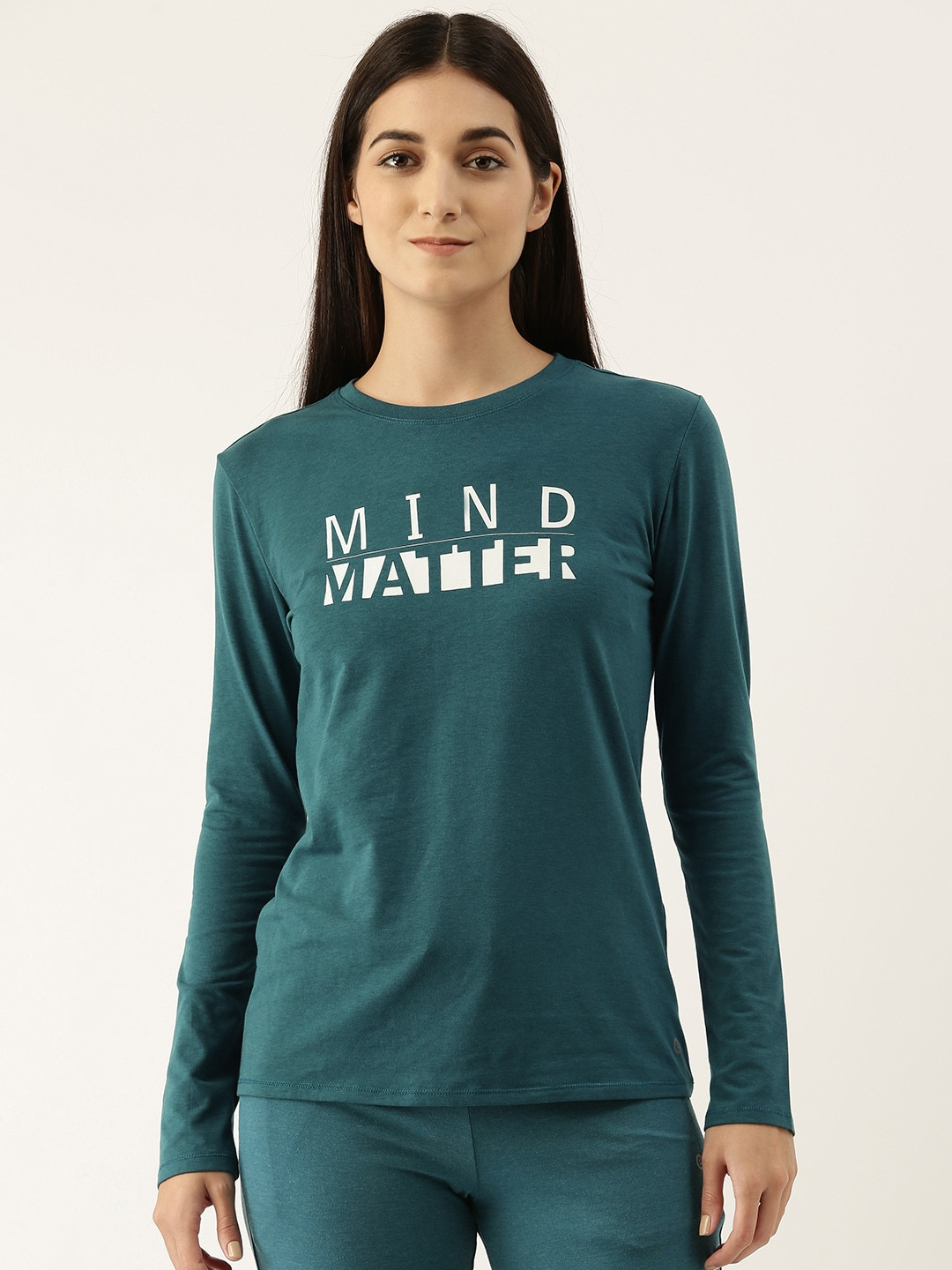 

Enamor E157 Basic Crew Neck Stretch Cotton Tee for Women with Graphic Print & Long Sleeves, Teal