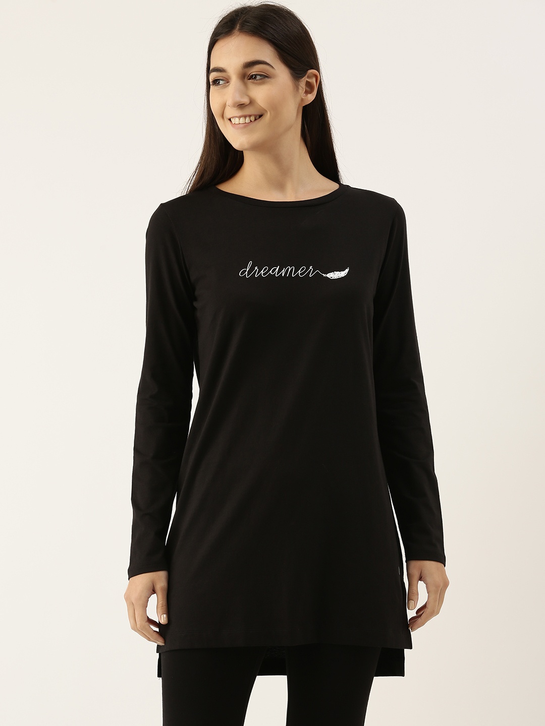 

Enamor Women Crew Neck Cotton Tunic Tee with Side Slits E161, Black