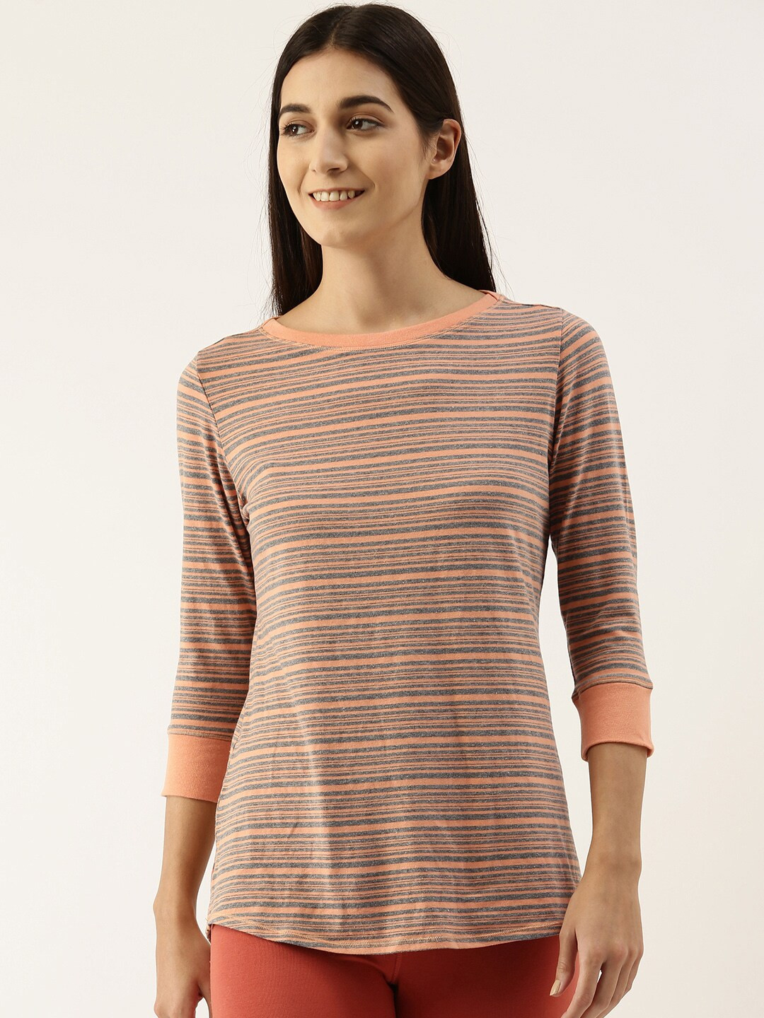 

Enamor Women Boat Neck Striped Long Cotton Tee EA07, Orange
