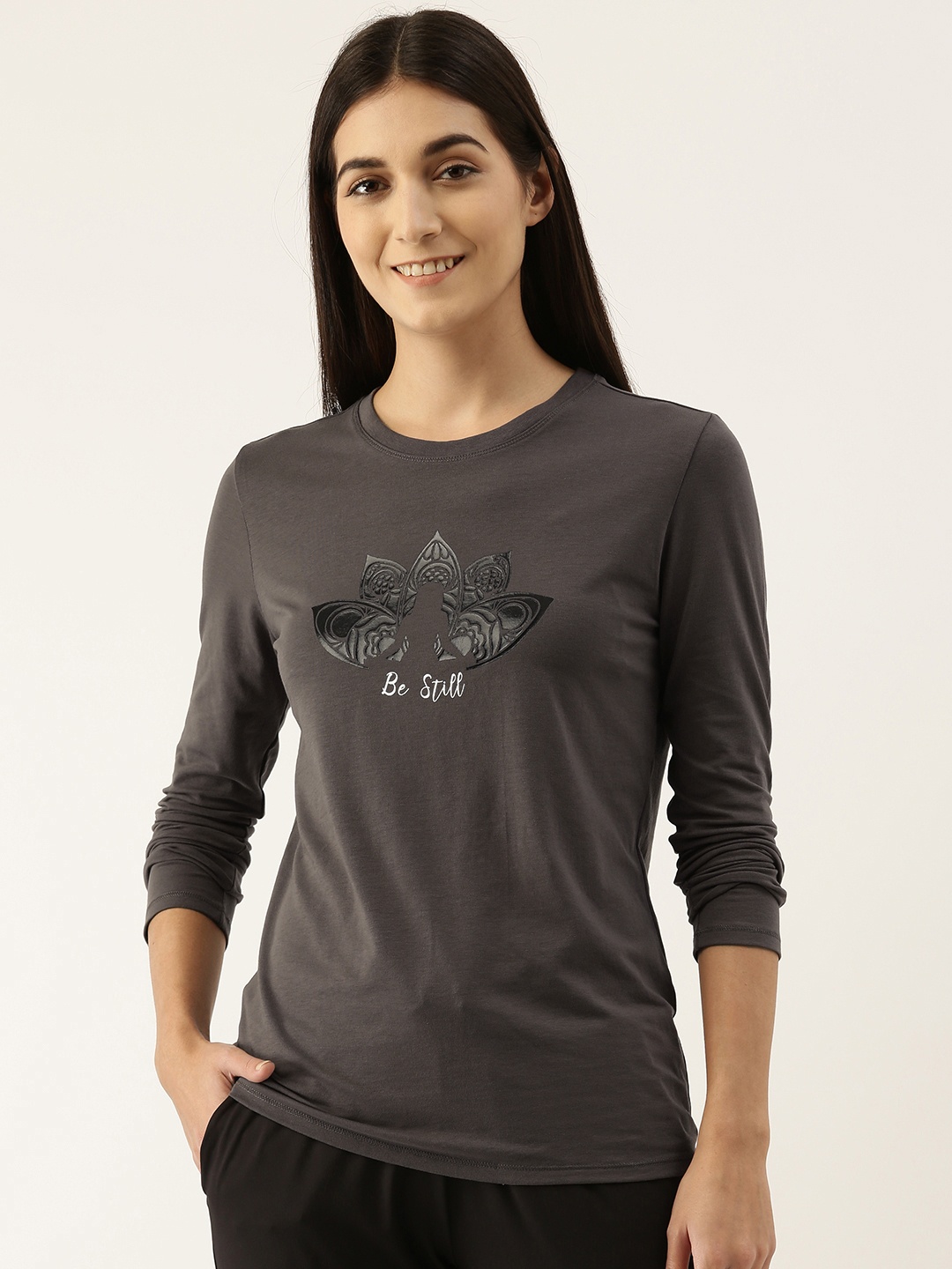 

Enamor Women Graphic Print Crew Neck Stretch Cotton Slim Fit Basic T-shirt, Grey