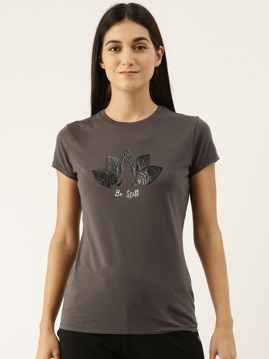 

Enamor Women Grey Printed Slim Fit Outdoor T-shirt