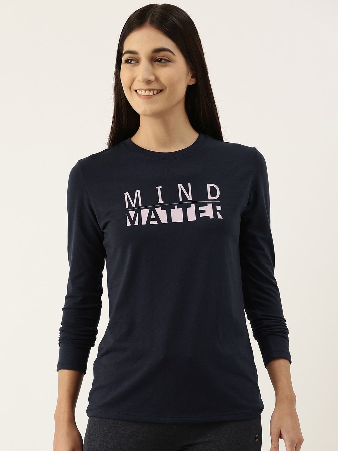 

Enamor Women Typography Print Crew Neck Stretch Cotton Basic T-shirt, Navy blue