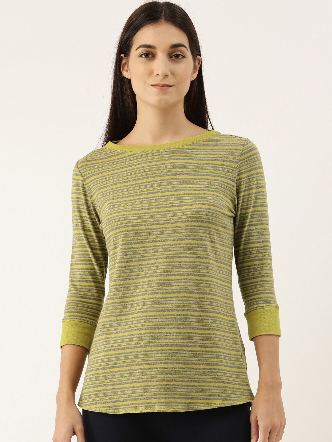 

Enamor Women Boat Neck Striped Long Cotton Tee EA07, Lime green