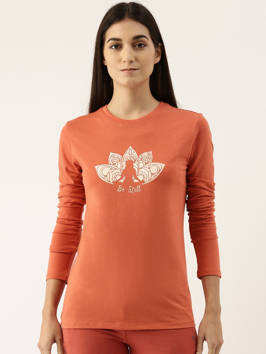 

Enamor E157 Basic Crew Neck Stretch Cotton Tee for Women with Graphic Print & Long Sleeves, Rust