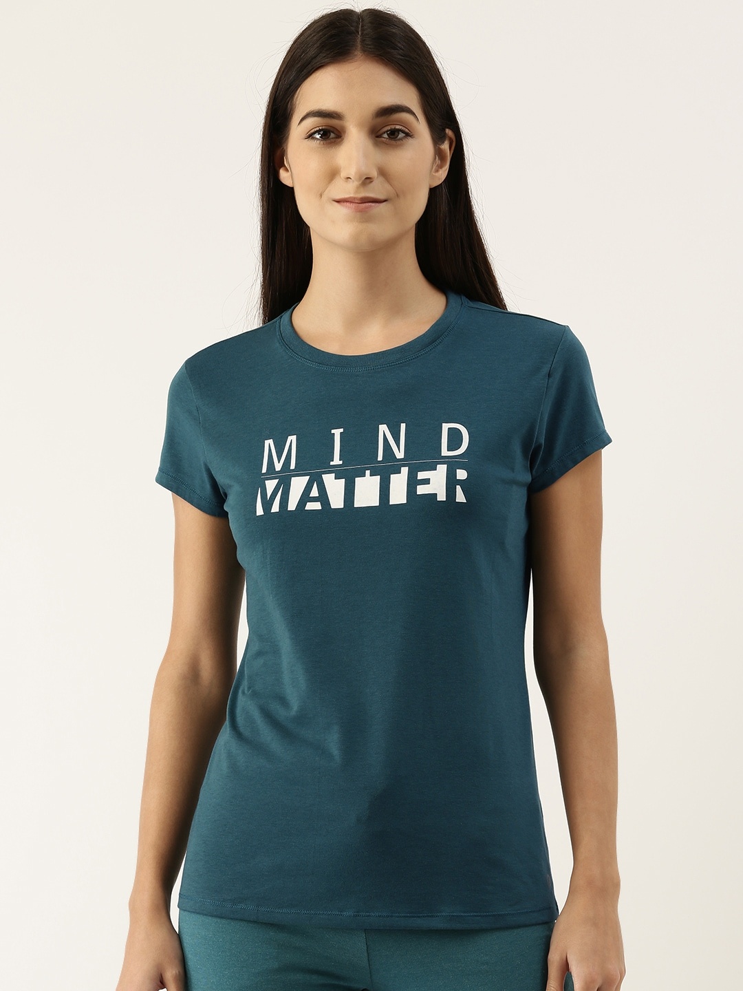 

Enamor Women Teal Blue Printed Slim Fit Outdoor T-shirt