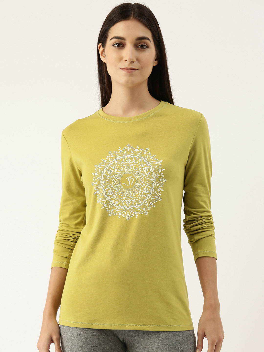 

Enamor Women Graphic Printed Basic Stretchable Cotton T-shirt, Lime green
