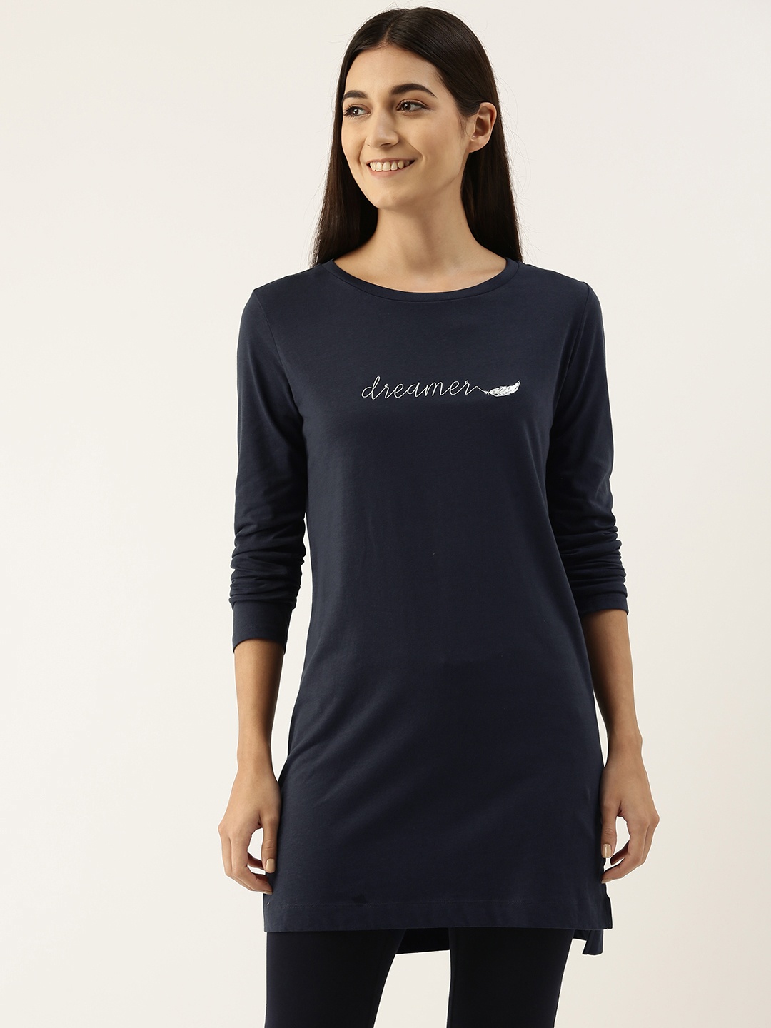 

Enamor Women Crew Neck Cotton Tunic Tee E161, Navy blue