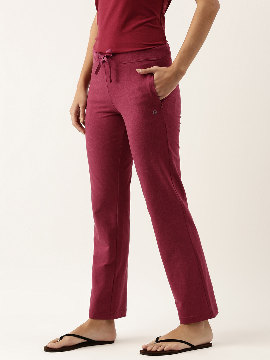 

Enamor E014 Mid-Rise Straight Leg Lounge Pants for Women with Drawstring & Zipper Pockets, Burgundy