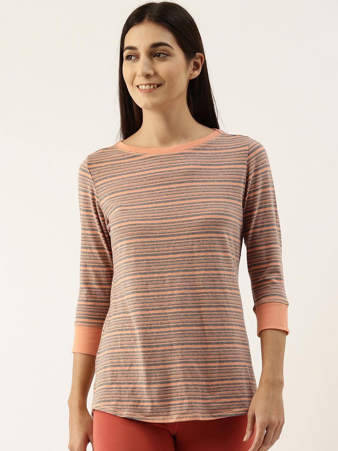 

Enamor Women Striped Longline Cotton T-shirt, Orange
