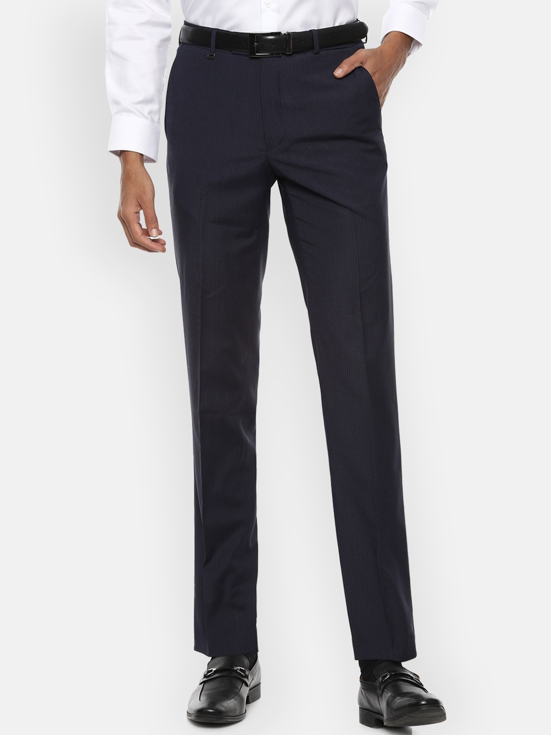 

Van Heusen Men Navy Blue Checked Slim Fit Formal Trousers
