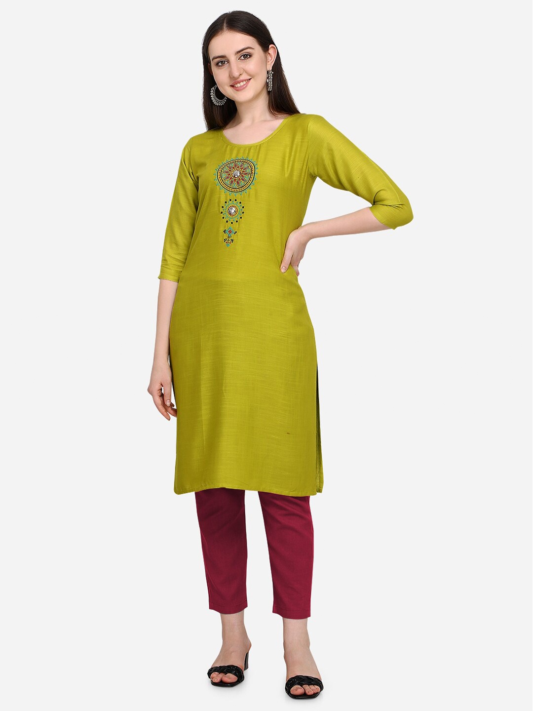 

RAJGRANTH Women Lime Green Yoke Embroidered A-line Kurta