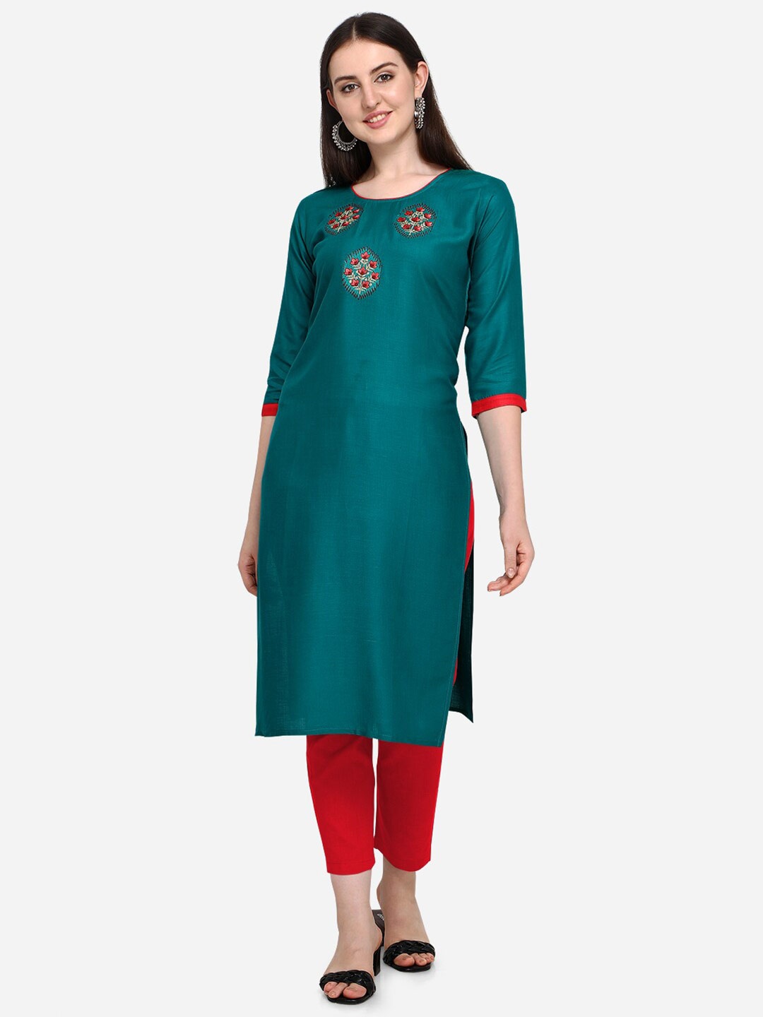 

RAJGRANTH Women Sea Green Floral Yoke Embroidered A-line Kurta