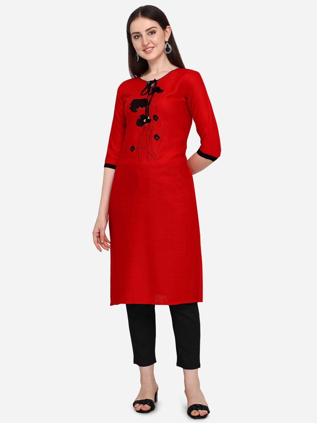

RAJGRANTH Women Red & Black Floral Embroidered A-line Kurta