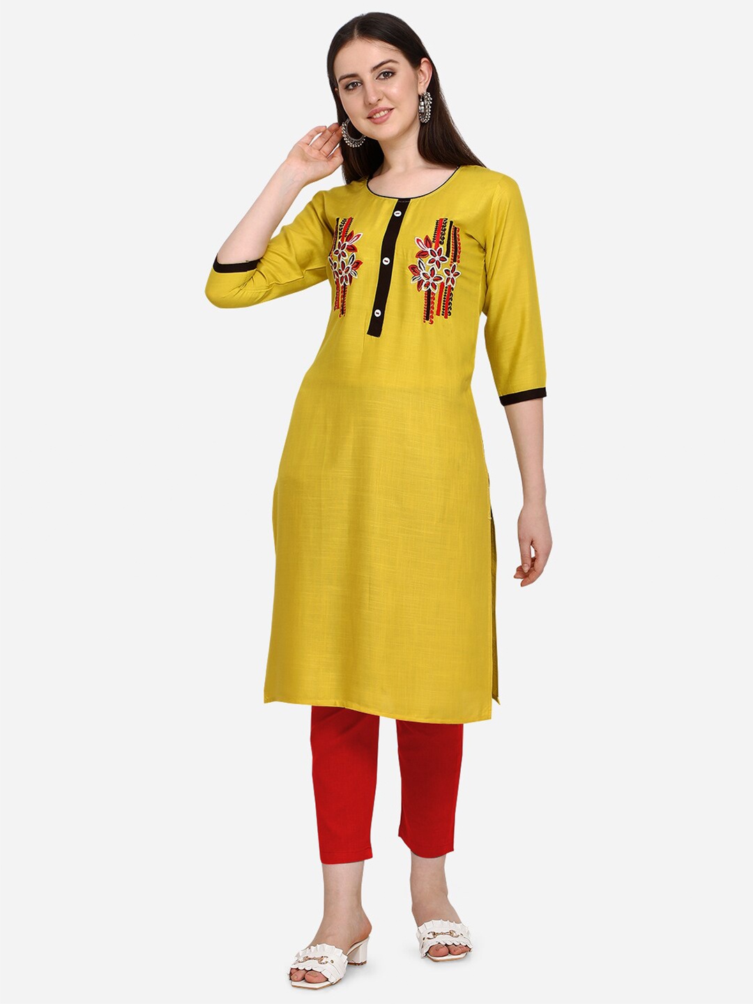 

RAJGRANTH Women Yellow Floral Embroidered A-line Kurta