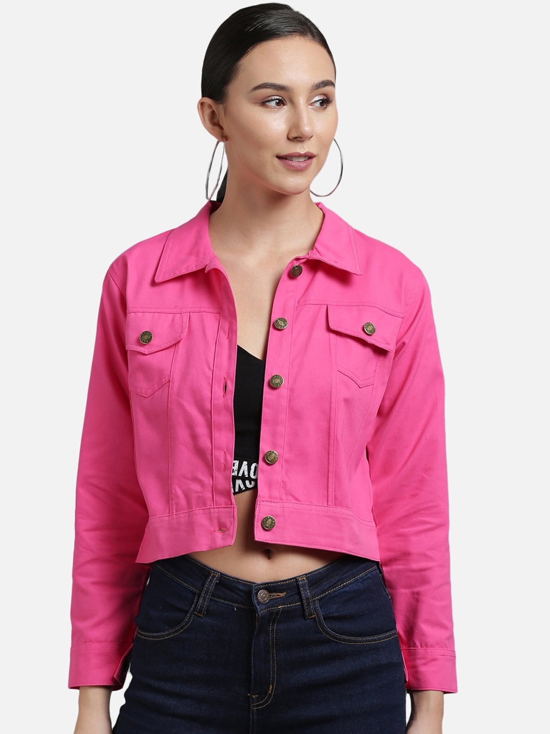 

FurryFlair Women Pink Crop Denim Jacket