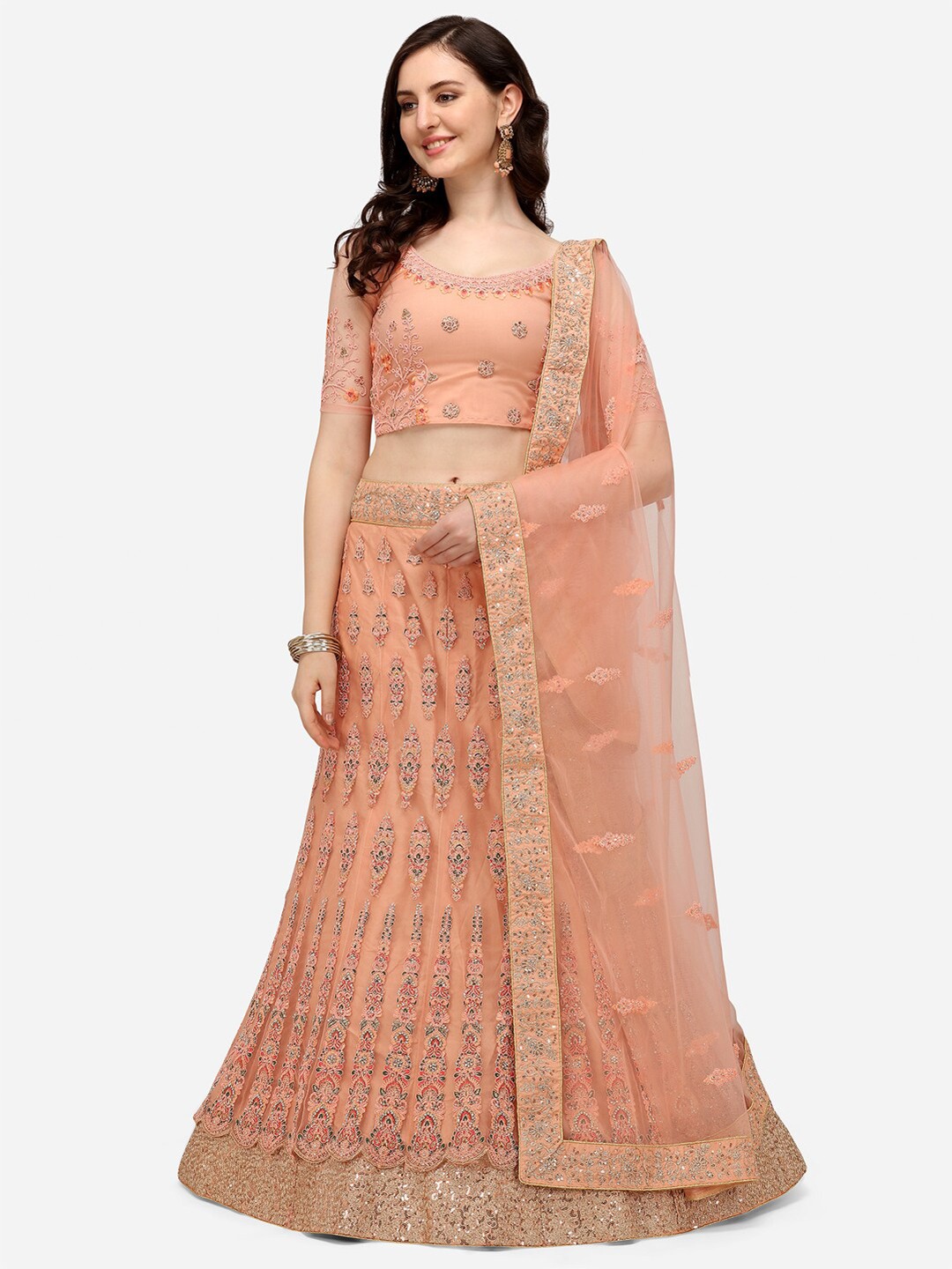 

VRSALES Peach-Coloured Embroidered Semi-Stitched Lehenga & Unstitched Blouse With Dupatta