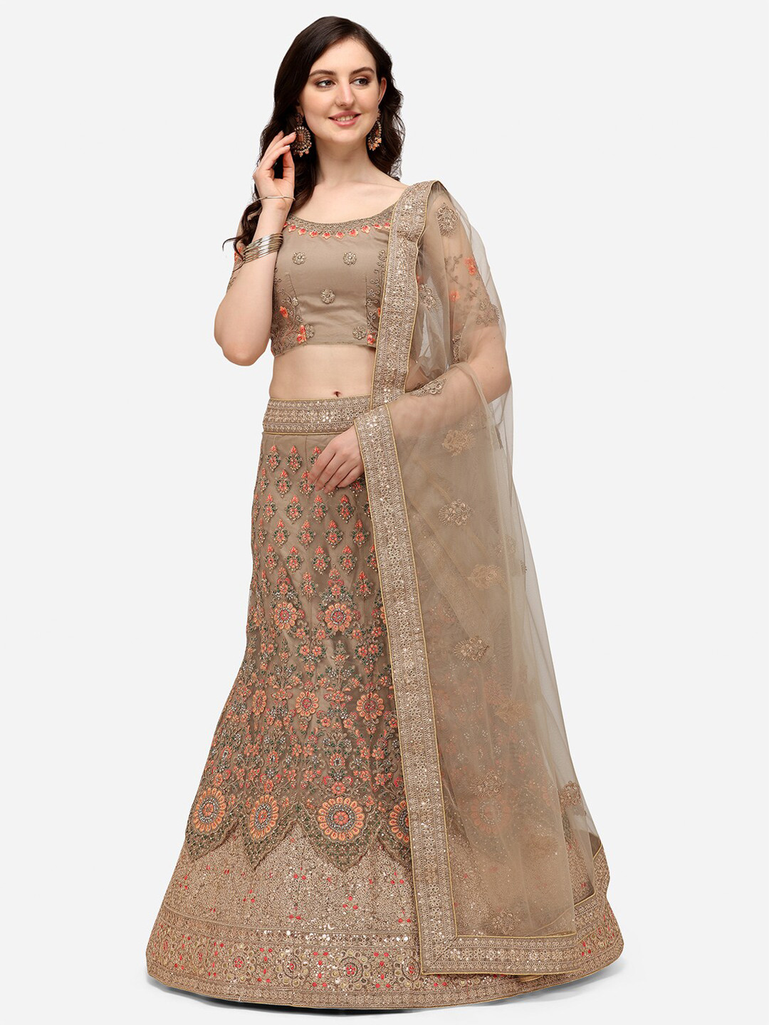 

VRSALES Beige & Pink Embroidered Beads and Stones Semi-Stitched Lehenga & Unstitched Blouse With Dupatta
