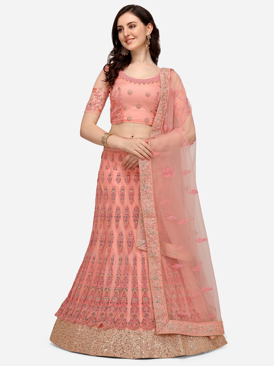 

VRSALES Pink Embroidered Semi-Stitched Lehenga & Unstitched Blouse With Dupatta