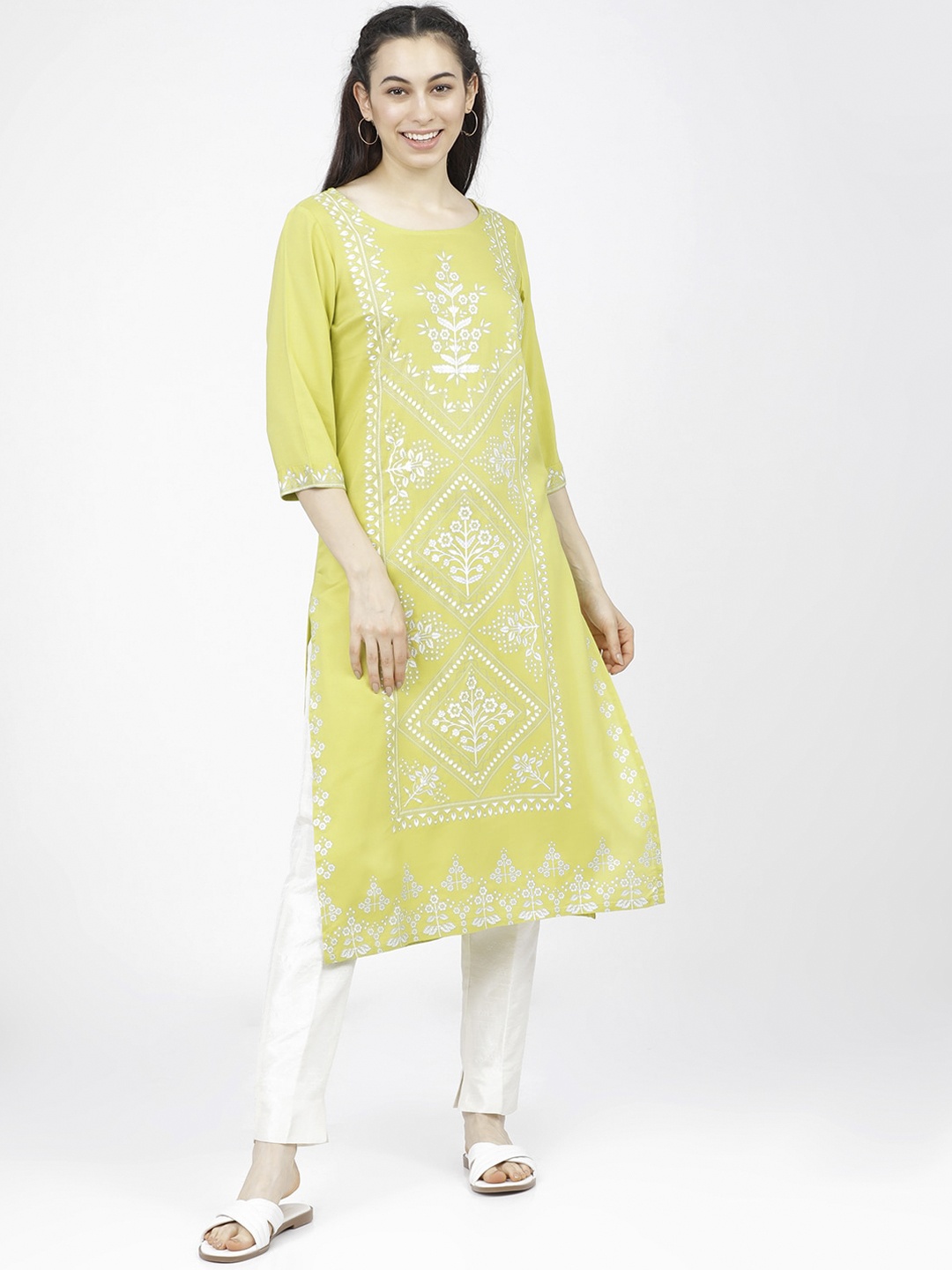 

Vishudh Women Lime Green Screen Printed Floral Straight Kurta