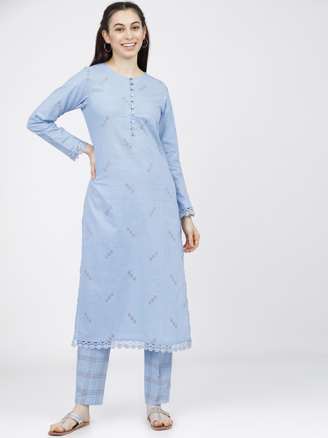 

Vishudh Women Blue Printed Regular Pure Cotton Kurta With Trousers