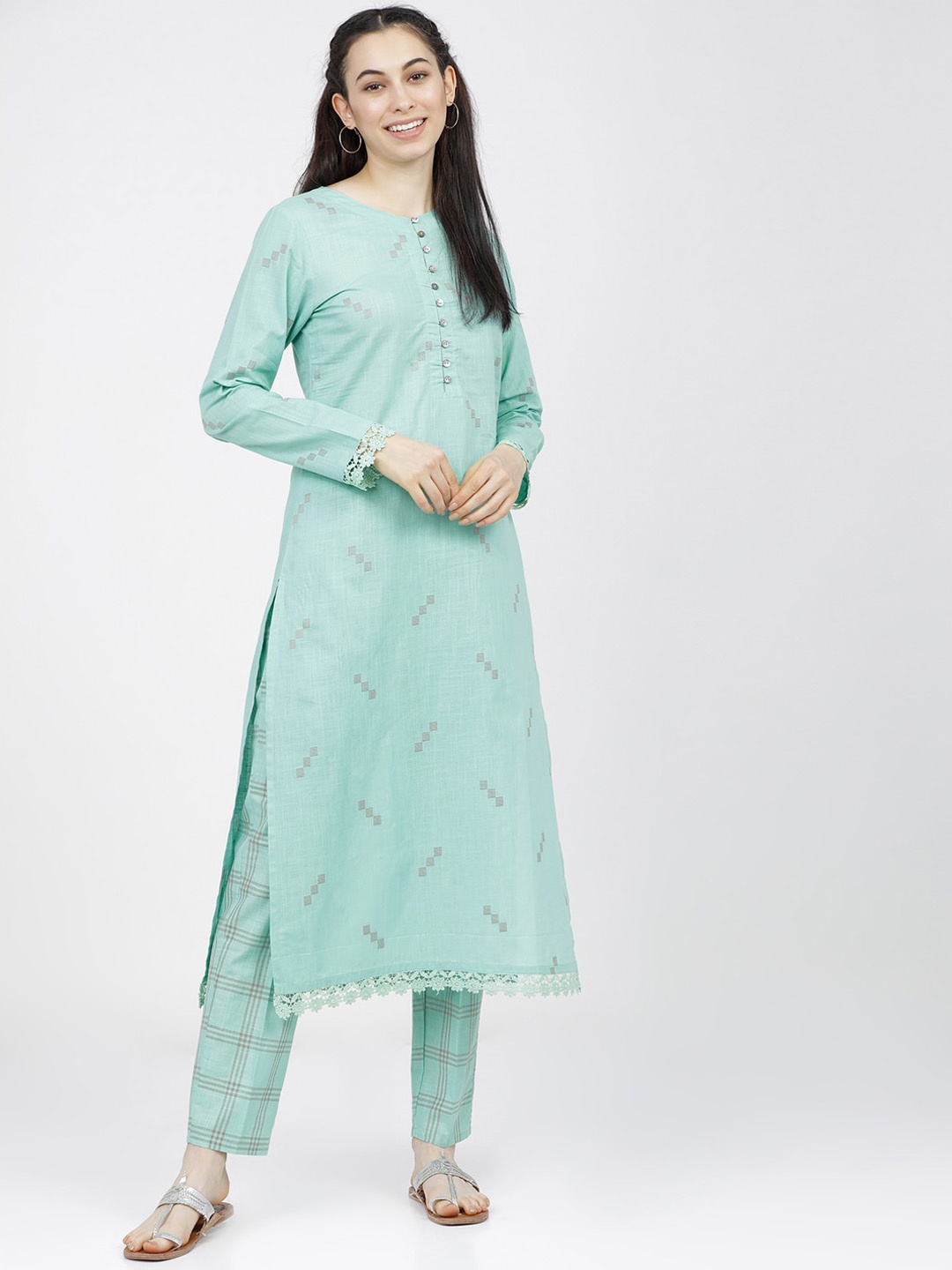 

Vishudh Women Sea Green & Grey Printed Regular Pure Cotton Kurta With Trousers