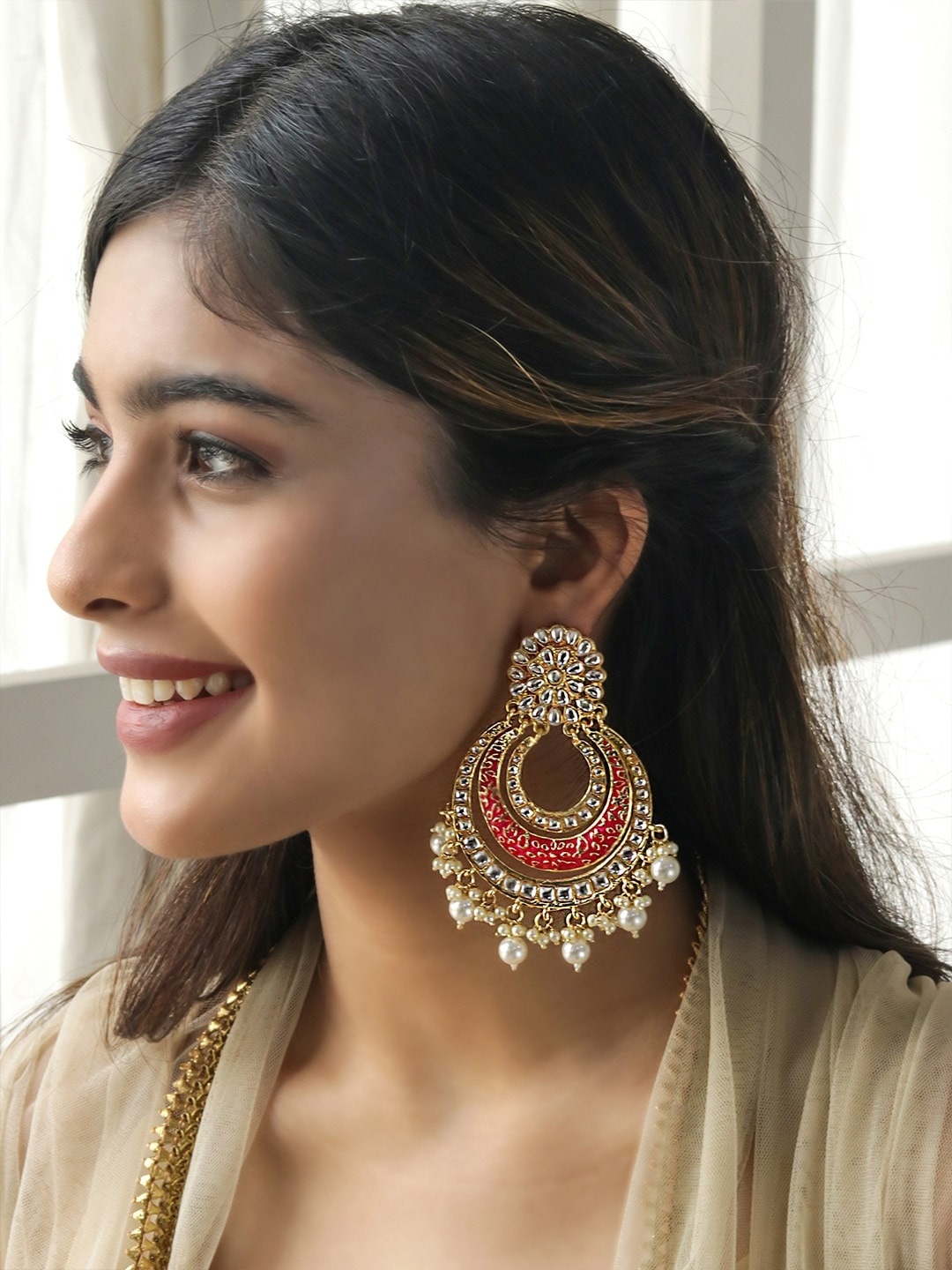 

Fida Gold Plated Red Contemporary Chandbalis Earrings