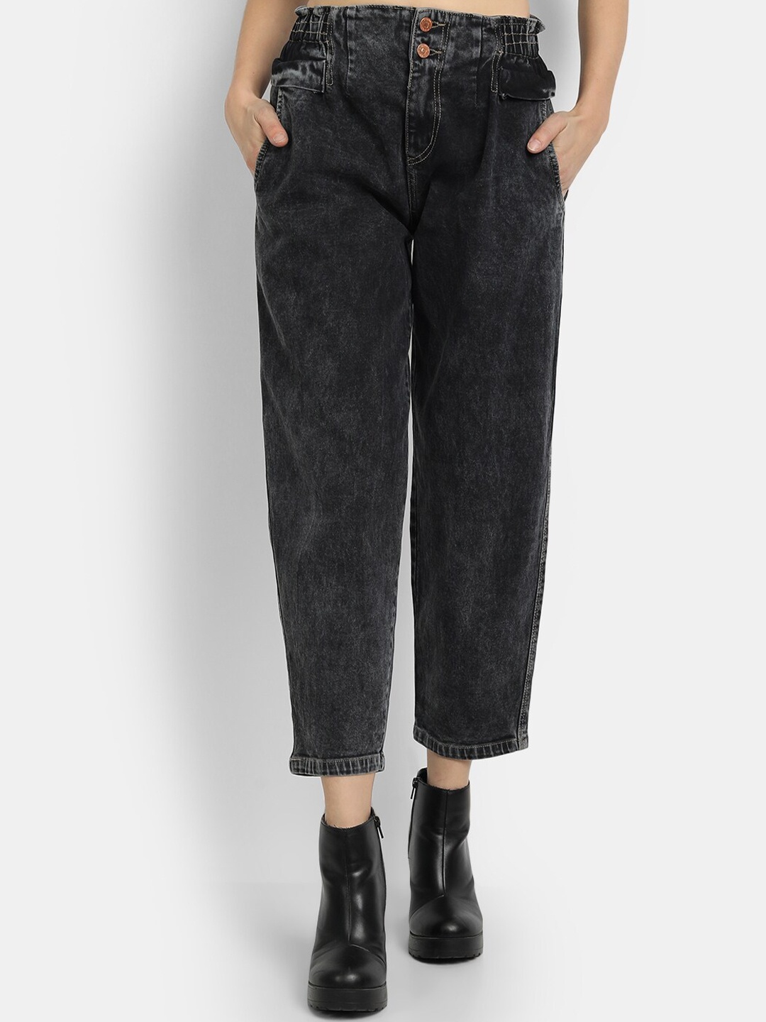 

River Of Design Jeans Women Charcoal Grey Mom Fit High-Rise Light Fade Jeans