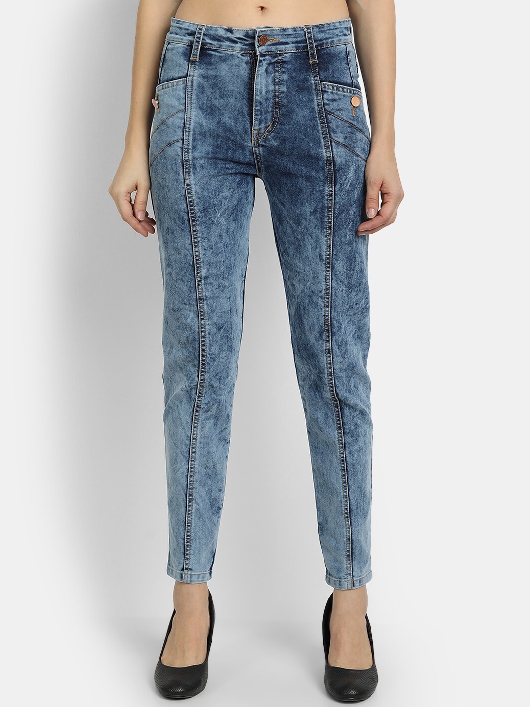 

River Of Design Jeans Women Blue Slim Fit High-Rise Bleached Jeans