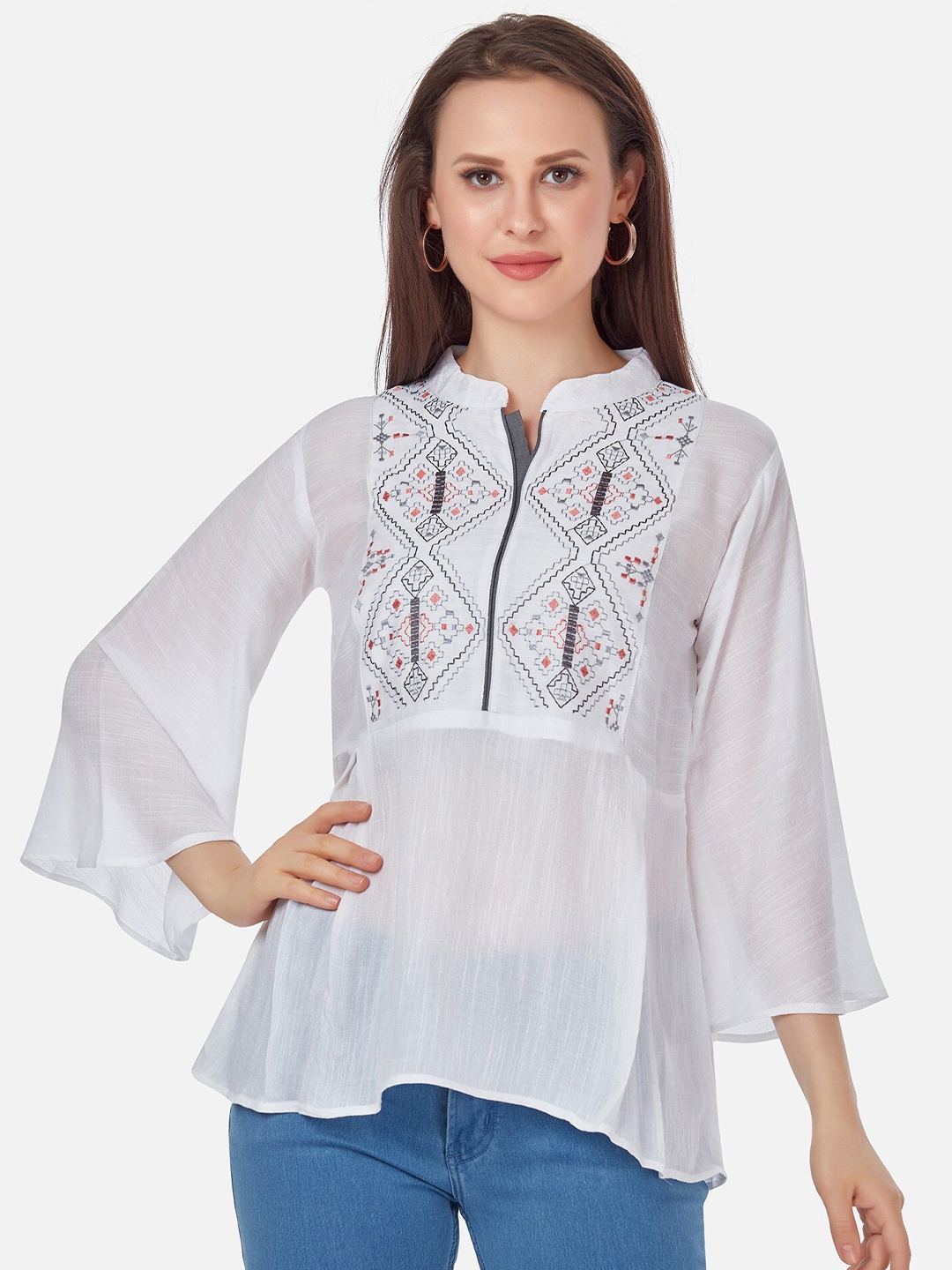 

Kiana Women White Embroidered Crepe A-Line Top
