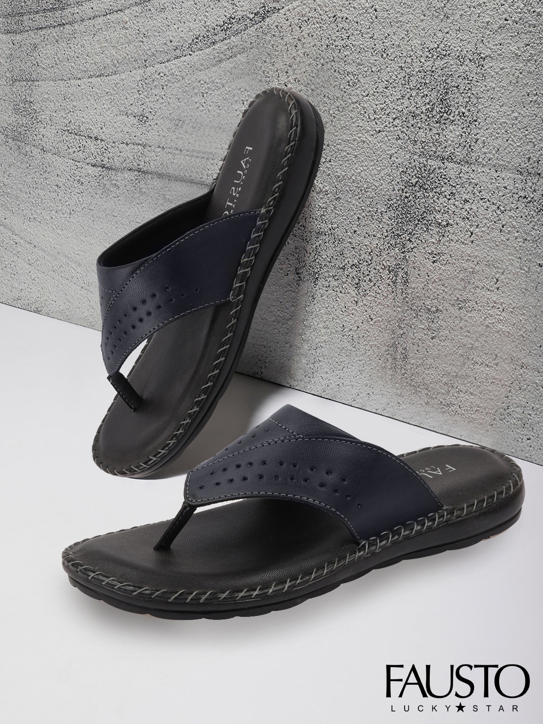 

FAUSTO Men Navy Blue & Black Self Design Thong Flip Flops