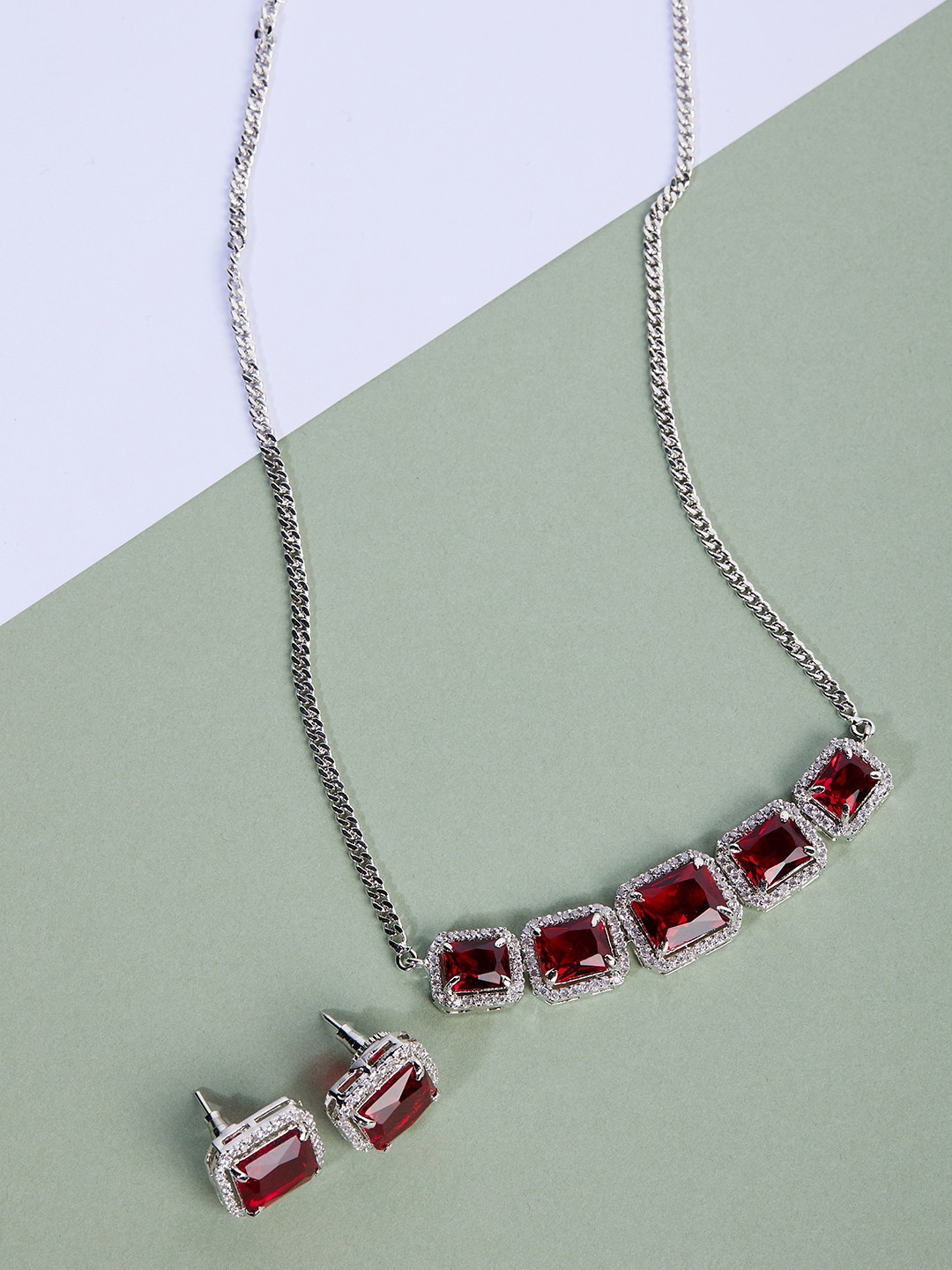 

GloBox By ZeroKaata Rhodium-Plated Silver-Toned & Red AD-Studded Handcrafted Jewellery Set