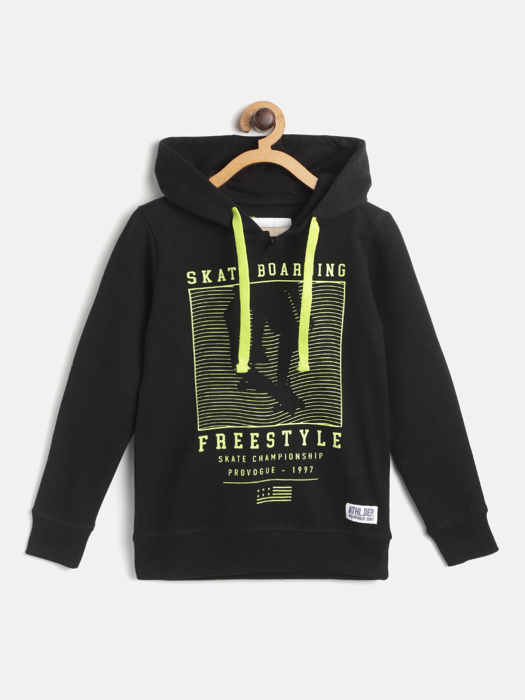 

Provogue Boys Black & Fluorescent Green Pure Cotton Printed Hooded Sweatshirt