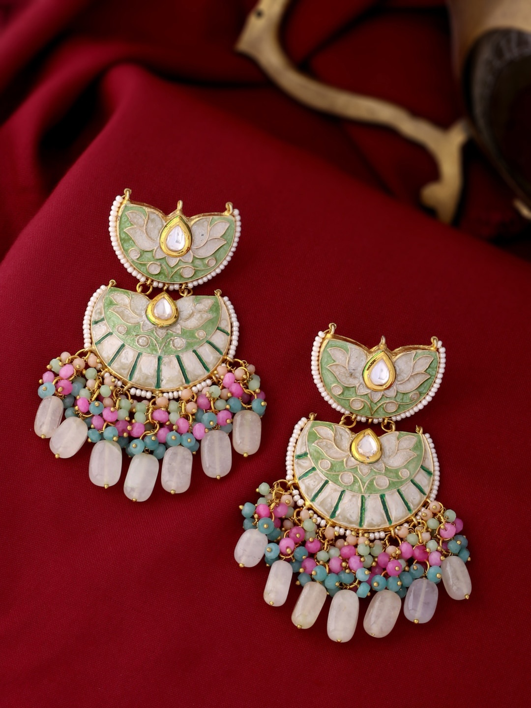 

THE AAB STUDIO Green & White Gold Plated Contemporary Chandbalis Earrings