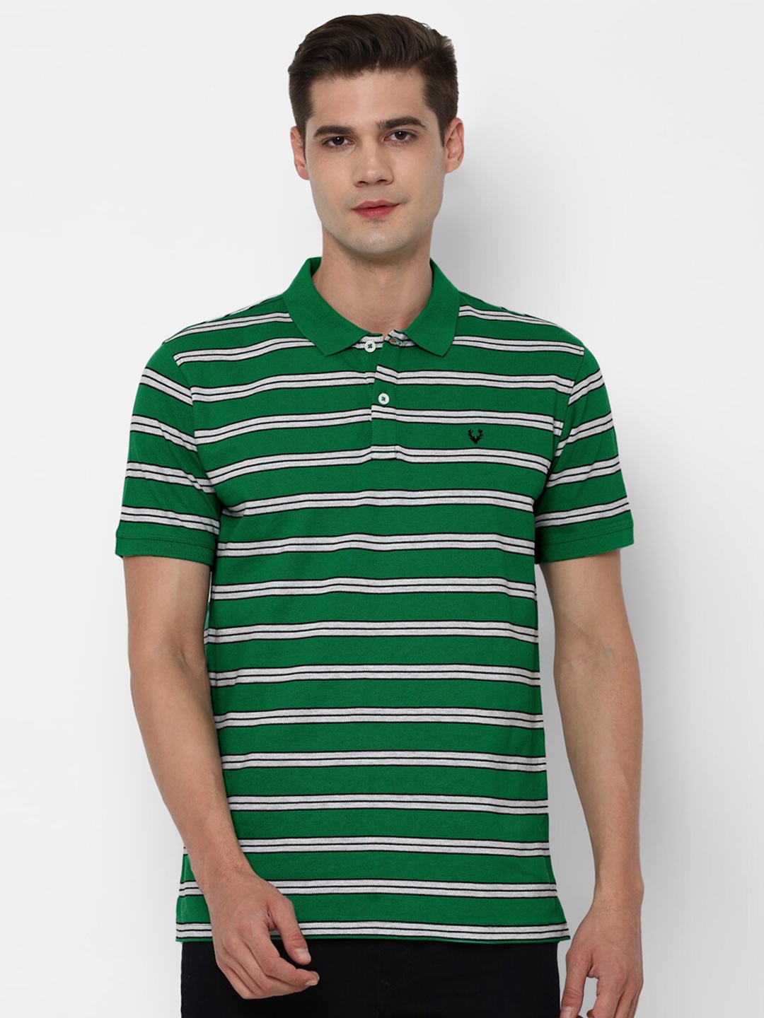 

Allen Solly Men Green Striped Polo Collar Pure Cotton T-shirt