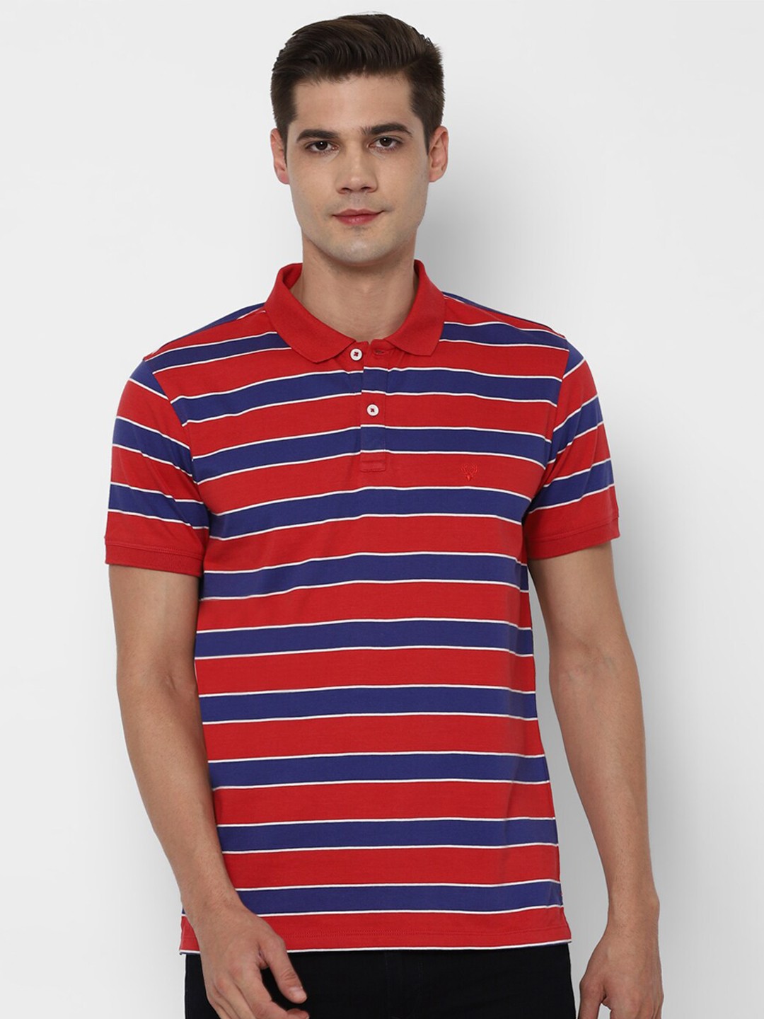 

Allen Solly Men Red Blue Striped Polo Collar Pure Cotton T-shirt