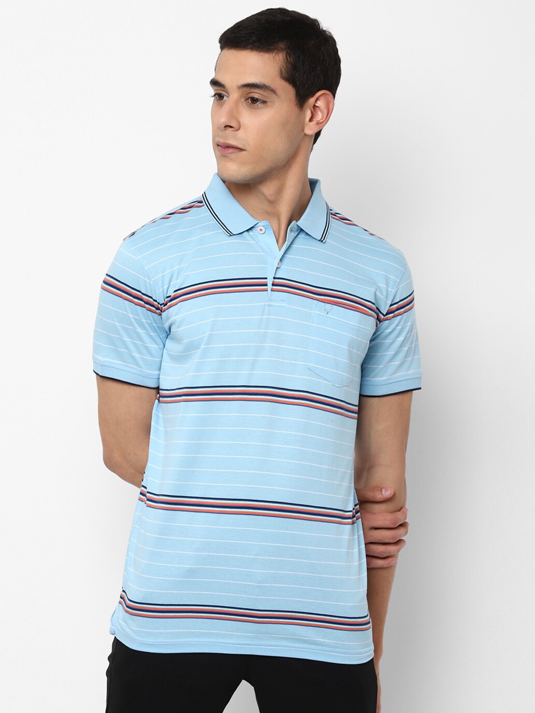

Allen Solly Men Blue Striped Cotton Polo Collar Pure Cotton T-shirt