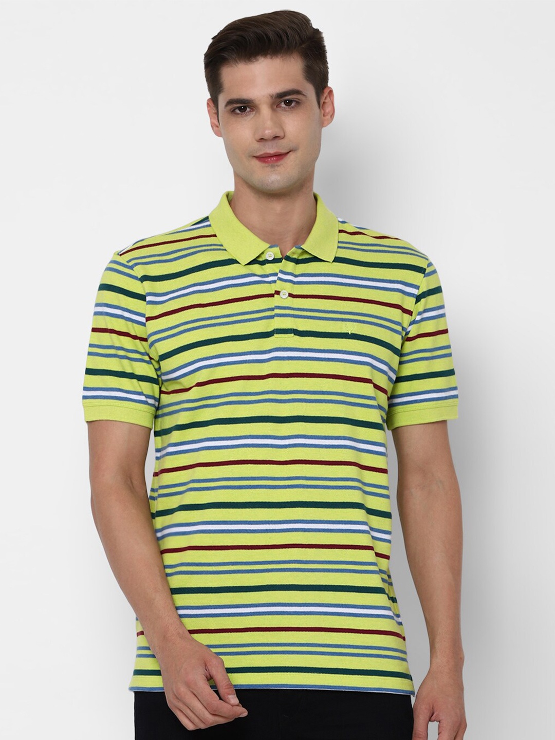

Allen Solly Men Green Striped Polo Collar Pure Cotton T-shirt
