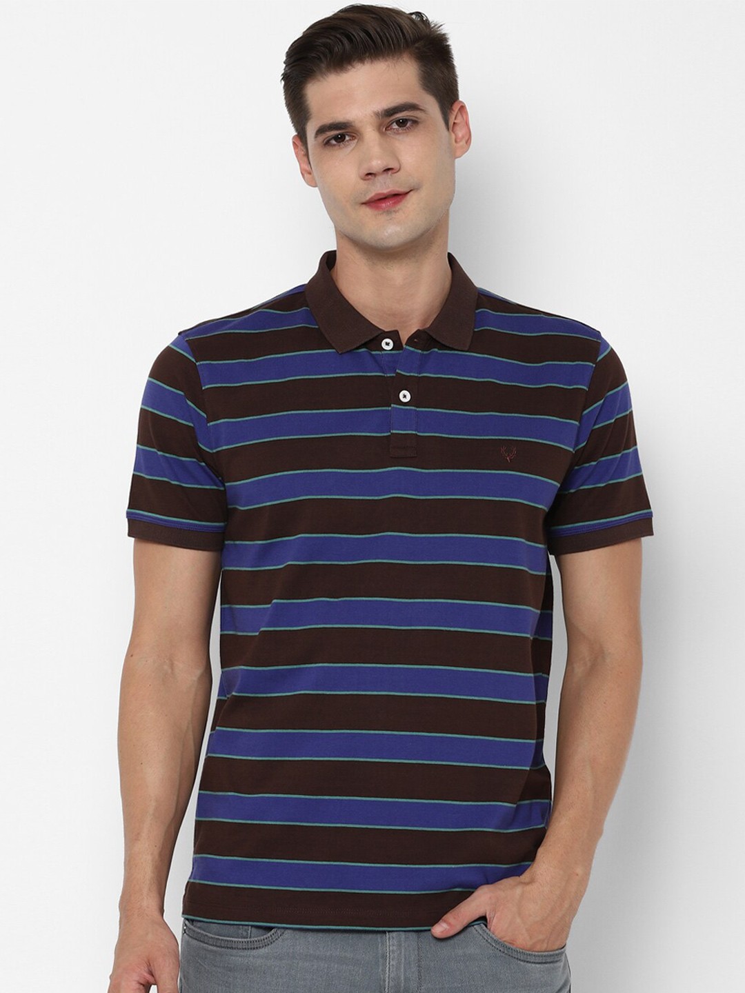

Allen Solly Men Brown Blue Striped Polo Collar Pure Cotton T-shirt