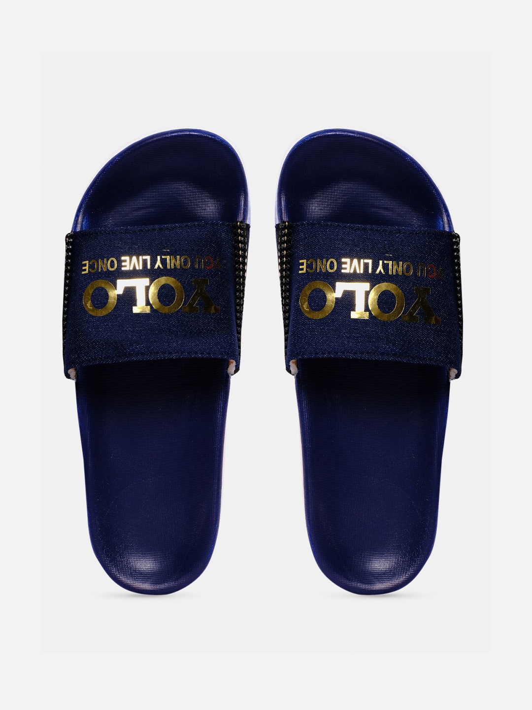 

FREECO Women Navy Blue & Gold-Toned Printed Sliders
