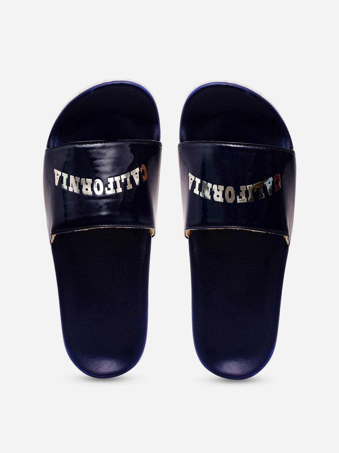 

FREECO Women Navy Blue & Silver-Toned Printed Sliders