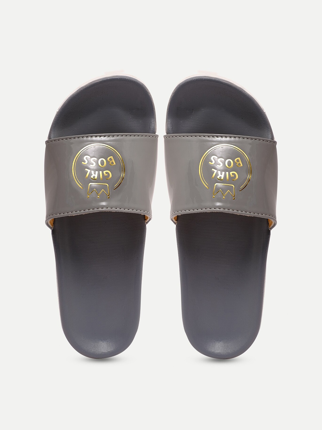 

FREECO Women Grey & Gold-Toned Printed Sliders