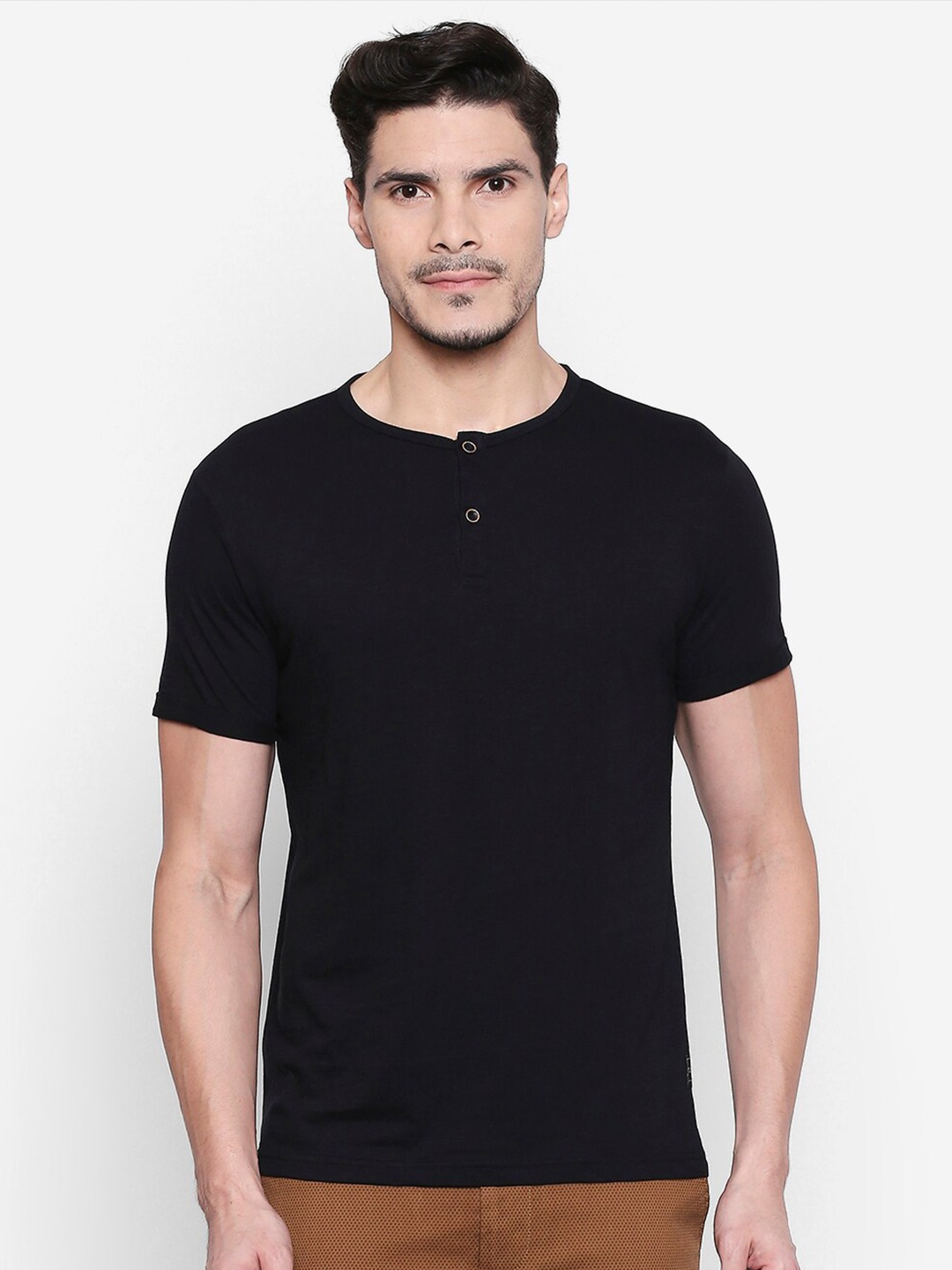 

People Men Black Henley Neck Raw Edge T-shirt