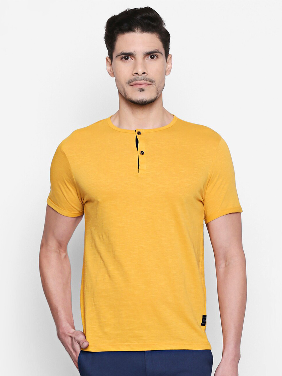 

People Men Mustard Yellow Henley Neck Pockets T-shirt