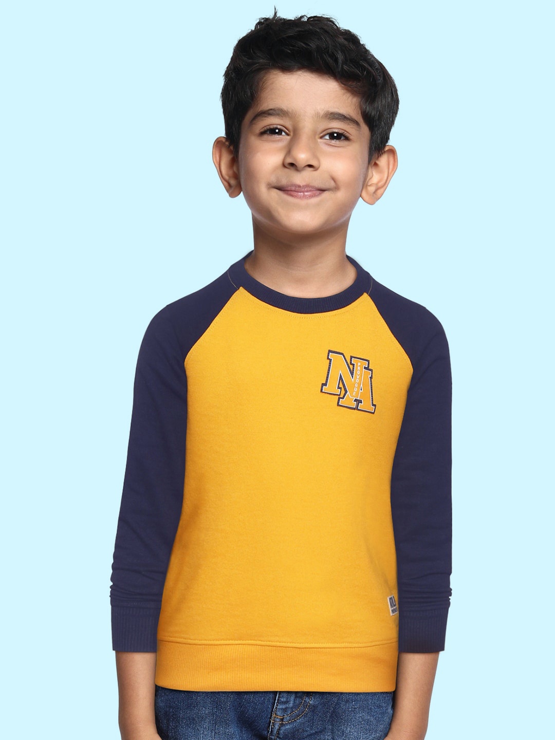 

Provogue Boys Yellow & Navy Blue Solid Sweatshirt with Applique Detail